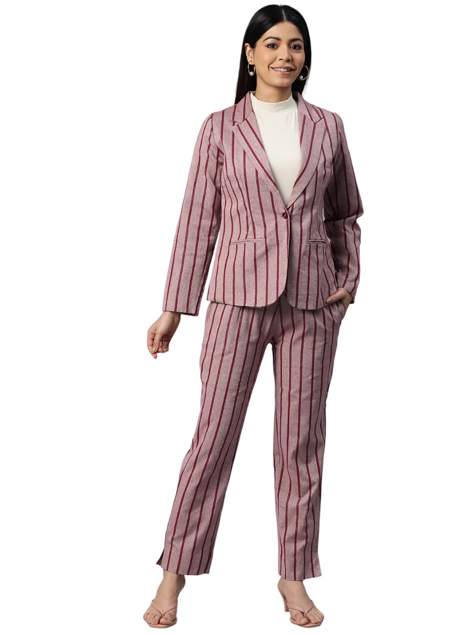 Women Striped Pink Notched Lapel Blazer Suit Set-image-8