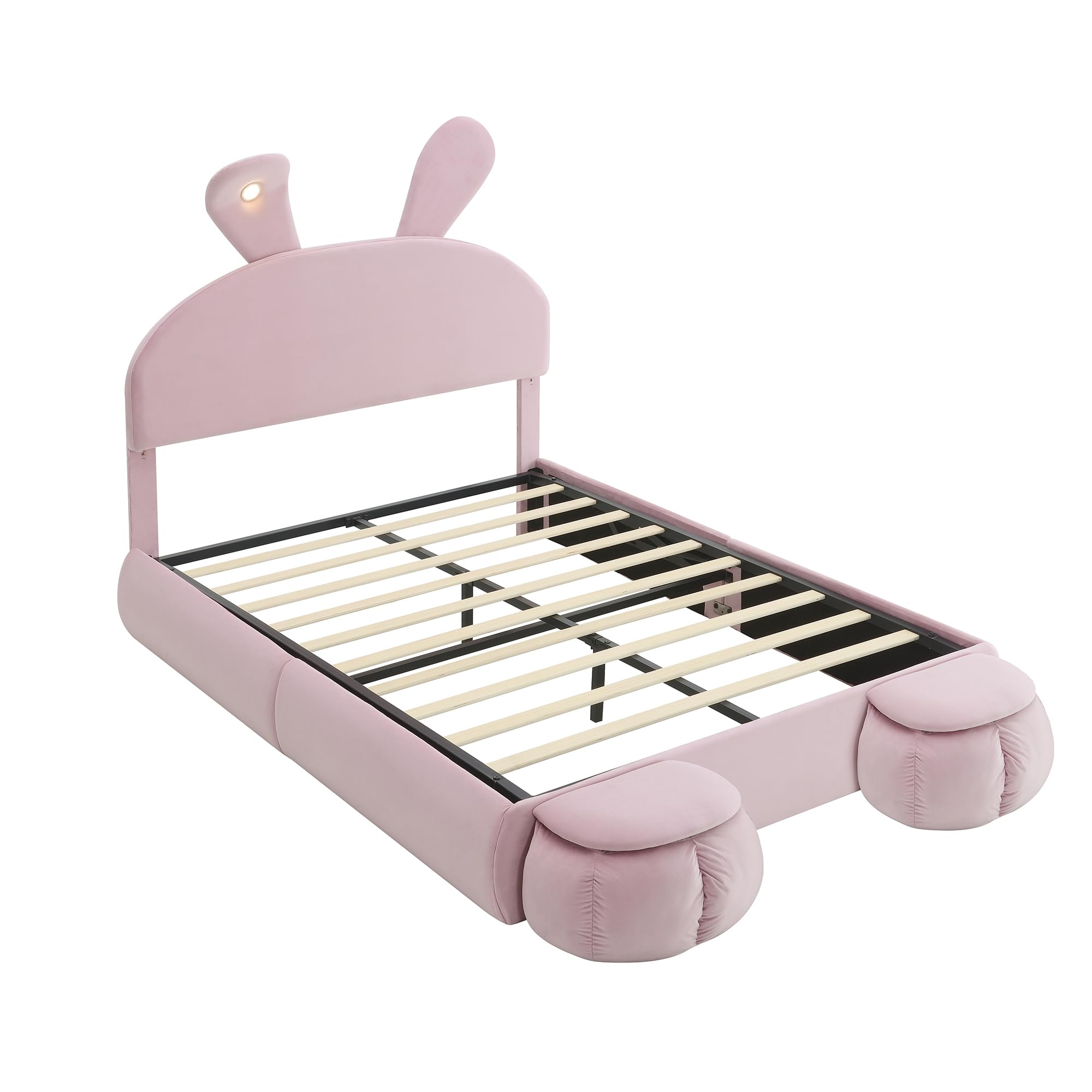 Cama hidráulica suave con orejas de conejo, cama doble, tira de luz ajustable de color cálido, almacenamiento debajo de la cama, con dos taburetes de almacenamiento, terciopelo rosa, 140 x 200 cm