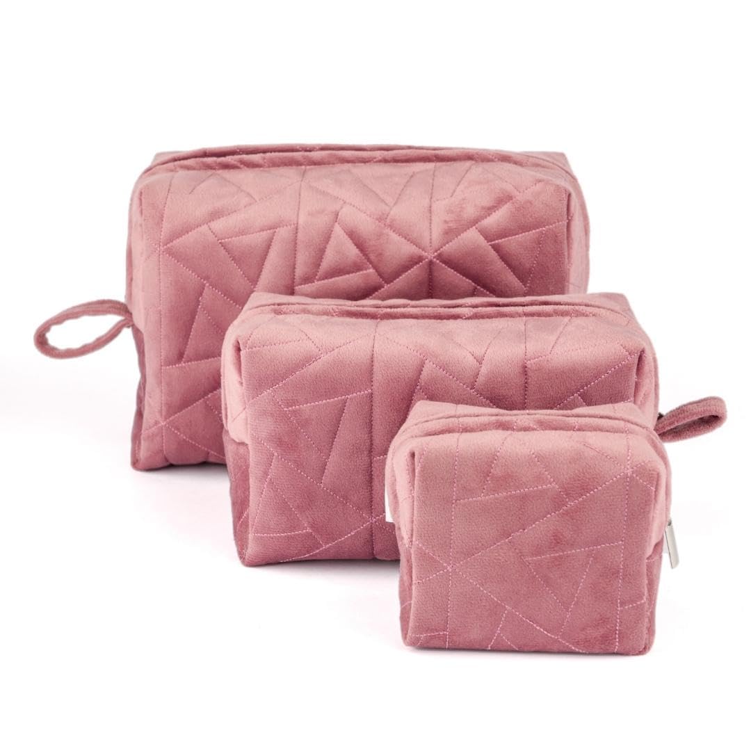 Nestasia Dusty Pink Quilted Cosmetic Bags Set of 3 for Women - Velvet Makeup Pouches with Waterproof Interiors for Storage & Travel | Cushioned Toiletry Bag of Different Sizes - Ideal for Gifting