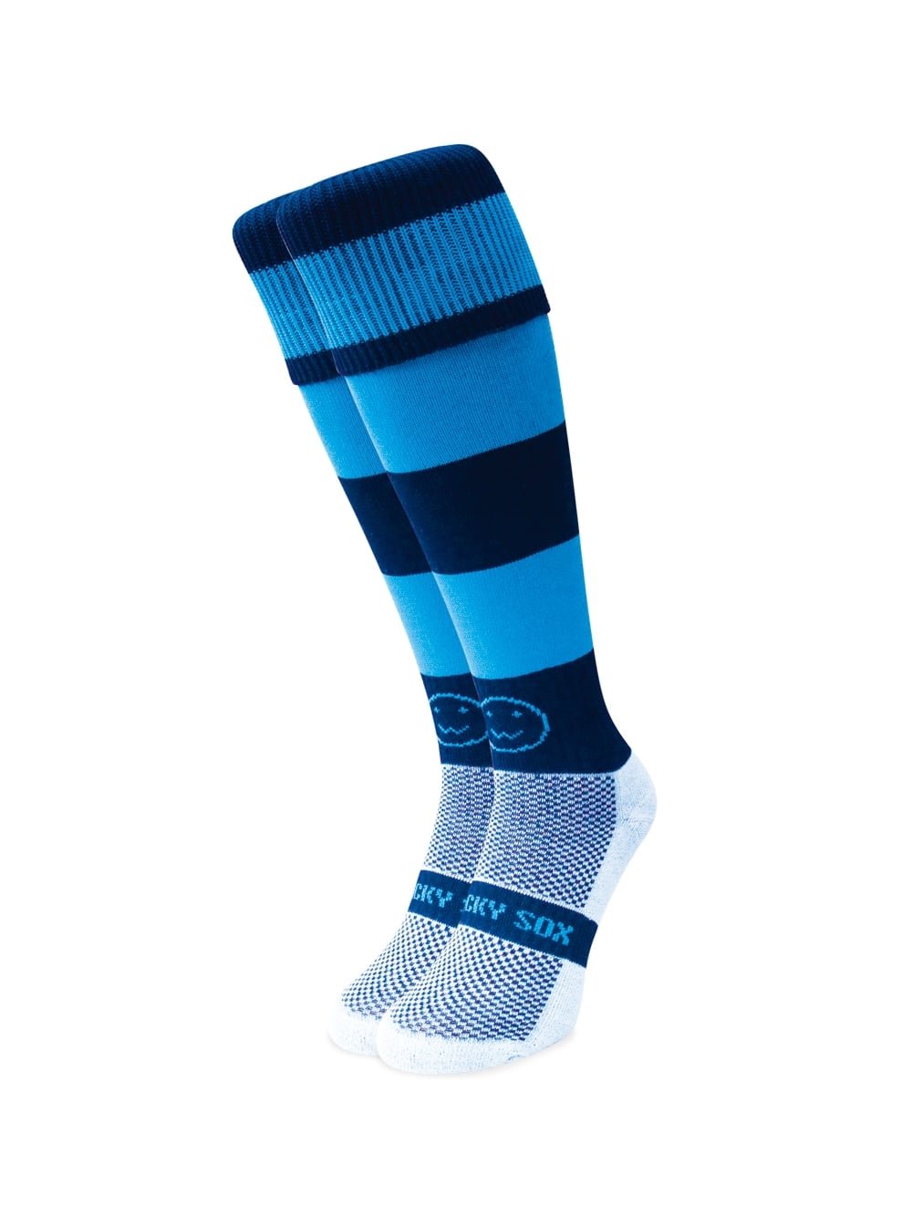 Navy Blue and Sky Blue Hoops - High-Performance Breathable Knee-High Rugby and Hockey Socks - Single Pair