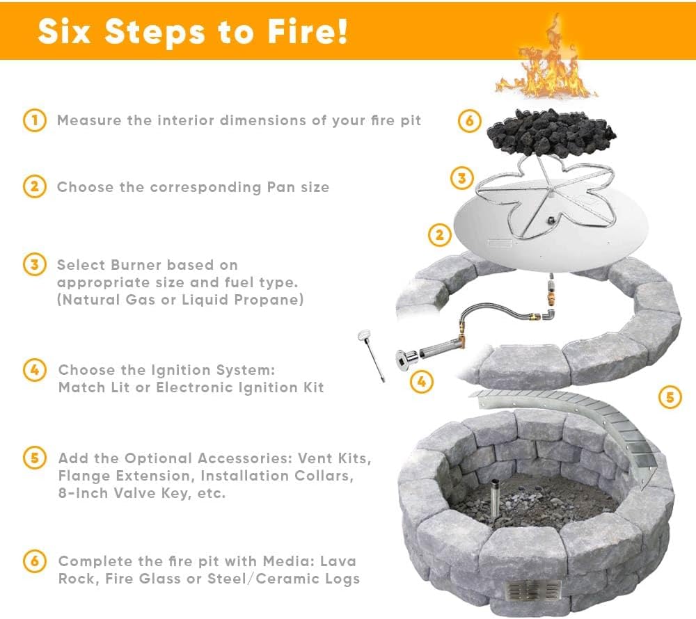 HPC Penta Match Lit Fire Pit Burner Kit (FPS-PENTA36KIT-NG-MSCB) with 36-Inch Stainless Steel Burner, Natural Gas, Polished Chrome, with Flange, Key, Valve, Flex Line and Fittings