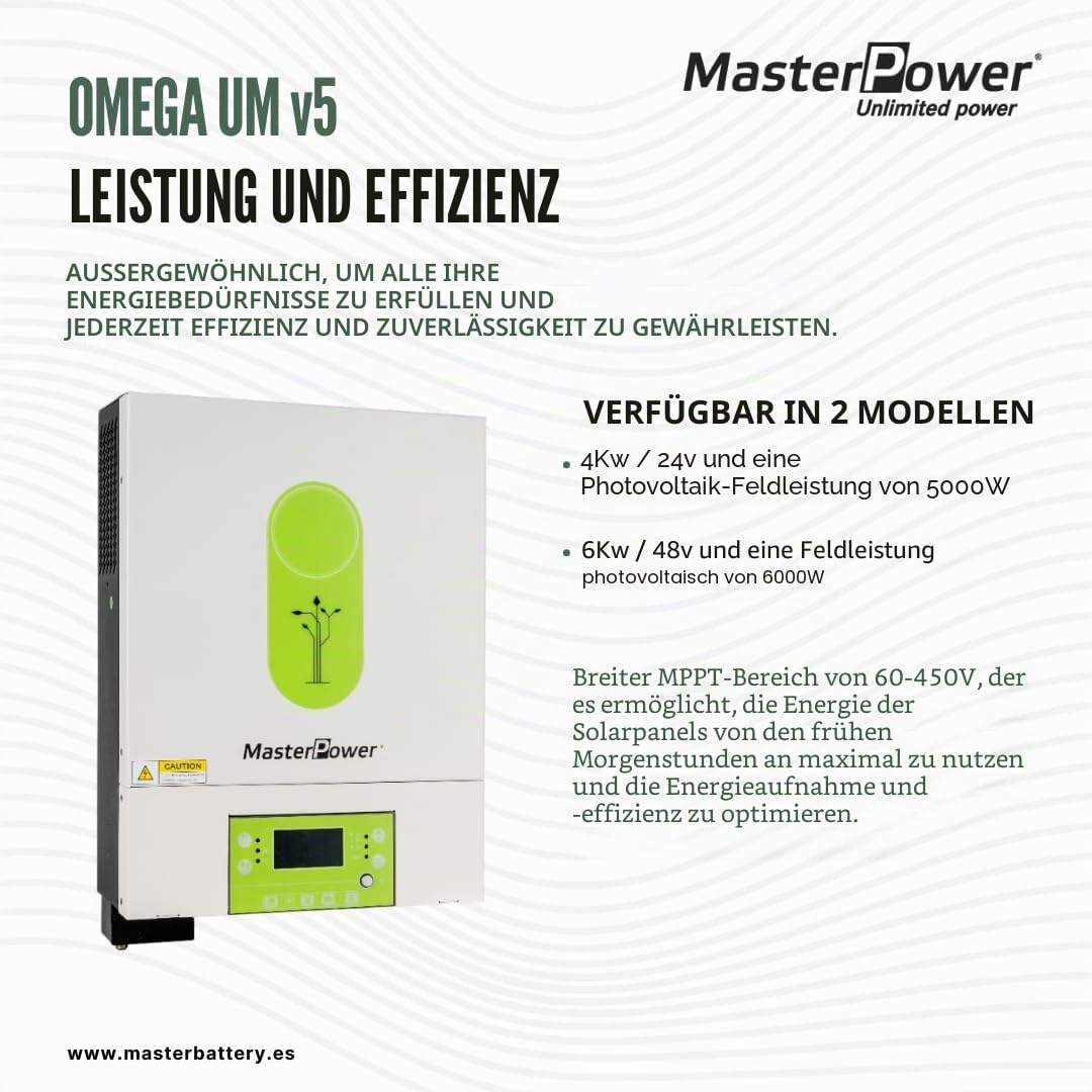 Master Power UM-V5 Hybrid-Wechselrichter, 6000 W, 48 V, MPPT 120 A, bis 6000 W, mit Doppelausgang für intelligentes Lademanagement + WLAN
