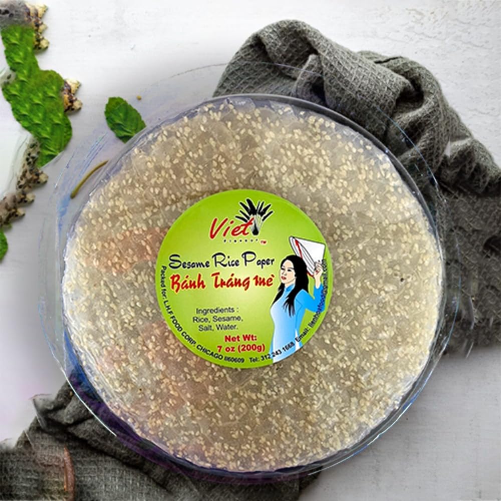 Pack of 1, Thai Flavour / Viet Flavour White Sesame Rice Paper Crackers – Vietnamese Bánh Tráng Nướng Mè, 7oz Bag, Round Crackers, Non-GMO,