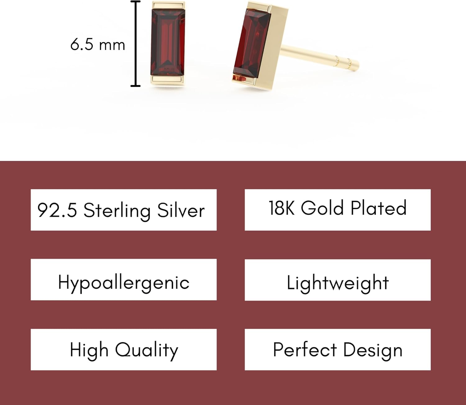 18k Gold Plated Aretes de Mujer Rectangle Crystal Garnet January Birthstone Dainty Minimalist Stud for Women Teen Girls - Stocking Stuffers Jewelry Gifts