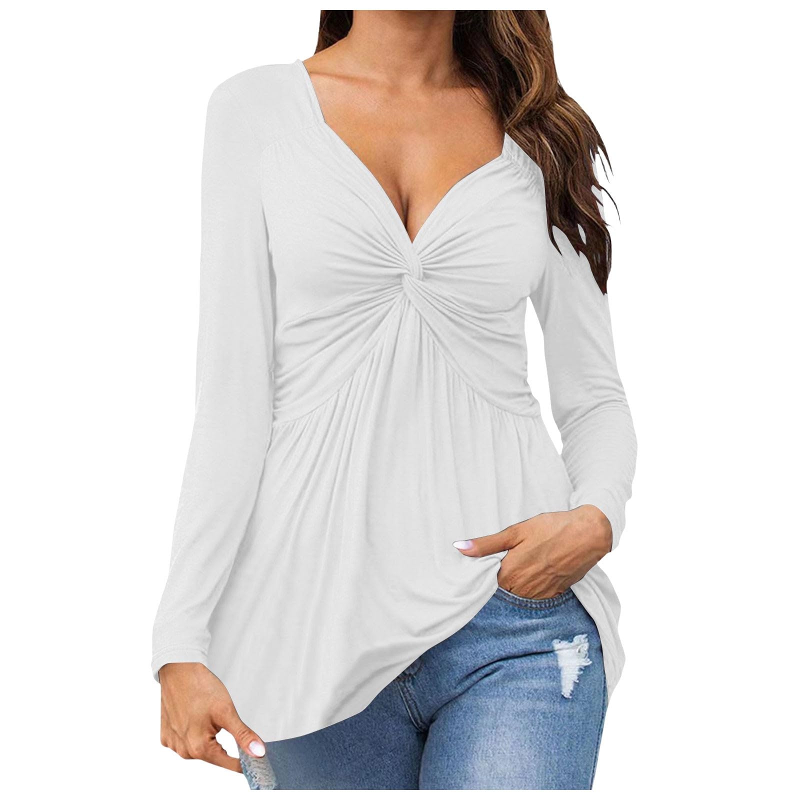 Camisa con Cuello en y Nudo Frontal para Mujer, Manga Larga, Elegante, Informal, Color sólido