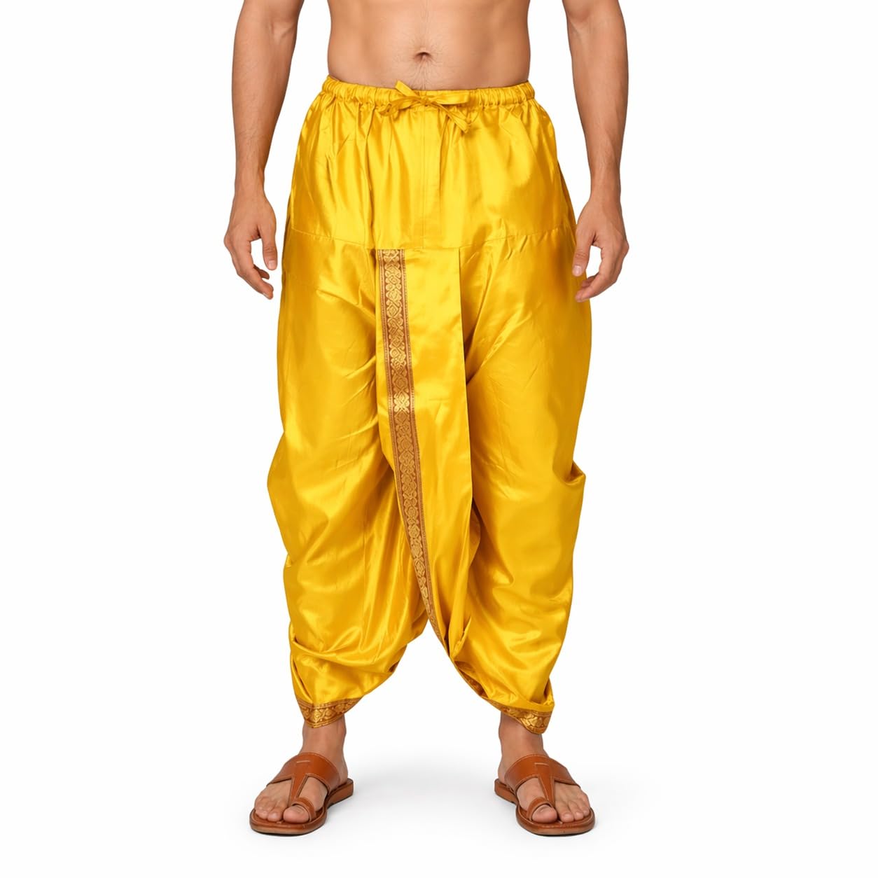 Men's Traditional Dhoti Pants, Silk Blend, Yellow, Zari Border, Drawstring Waist, Festive-image-26