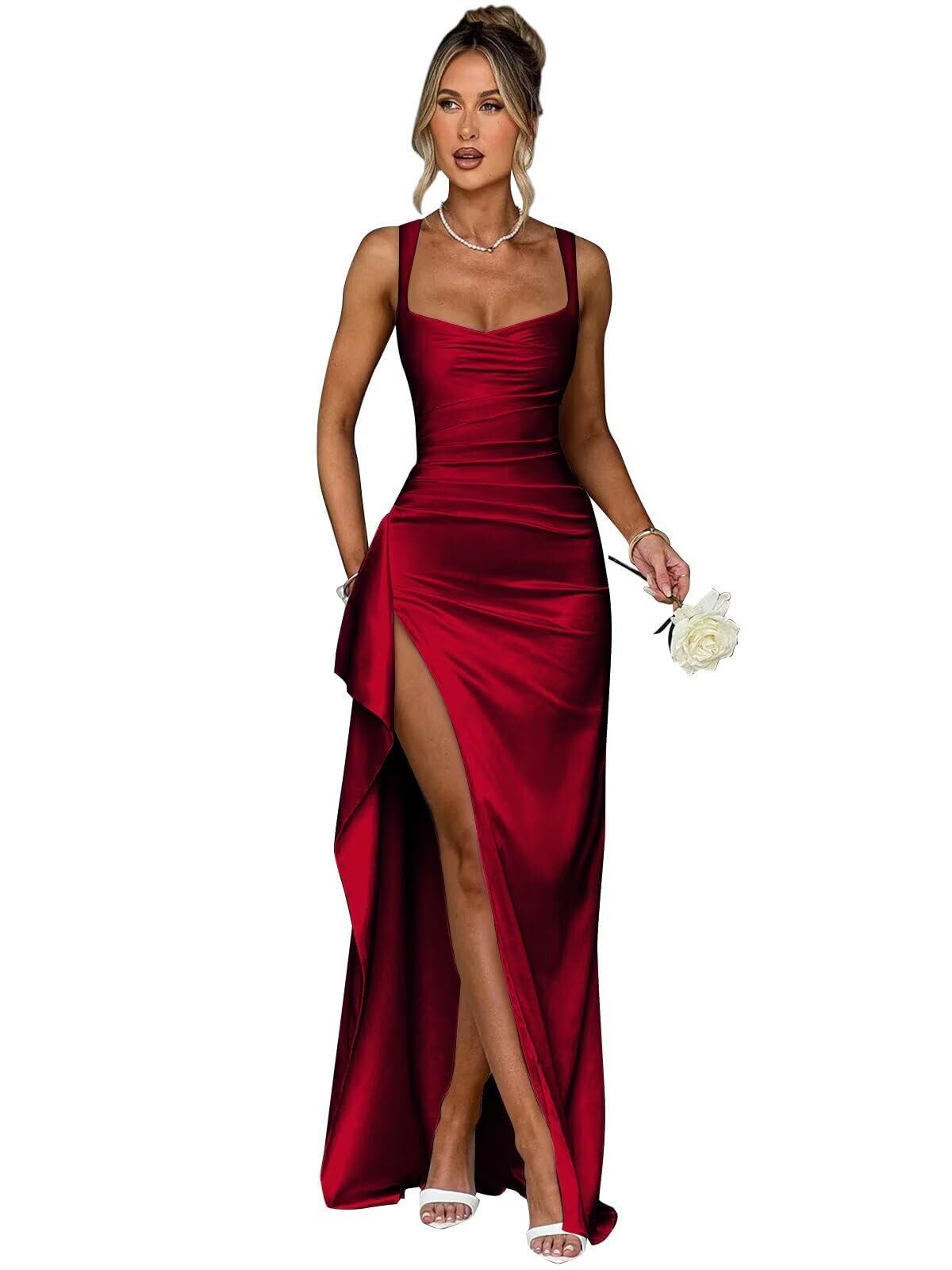 Womens Ruffle Satin Prom Dresses Long Spaghetti Straps Bridesmaid Dresses with Slit for Wedding