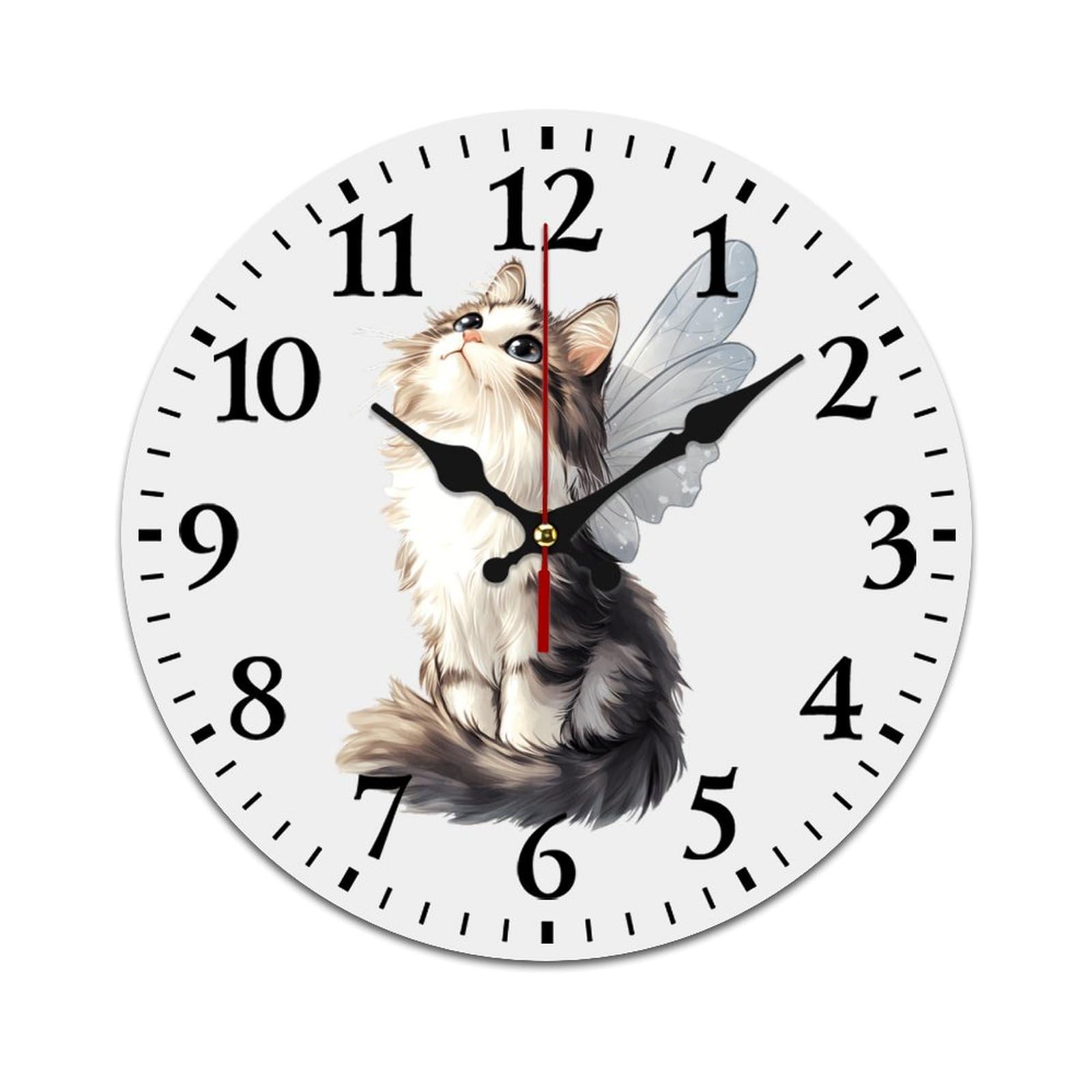 Kitty Cat with Wings Stylish Wall Clock Round Modern Home Clock for Office Home Kitchen Bathroom Living Room
