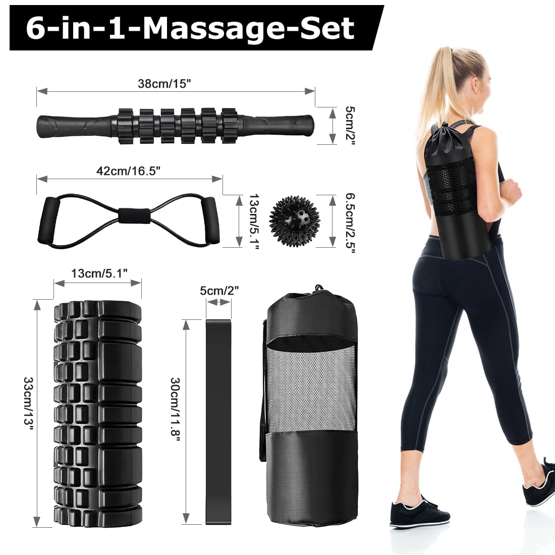 Faszienrolle, Qveetry 6 in 1 Foam Roller Faszienrolle Sets mit Massageroller Stab, Widerstandsbänder Krafttraining, Massageball, Fitnessbänder, 33cm Schaumstoffrolle für Yoga Pilates Sport