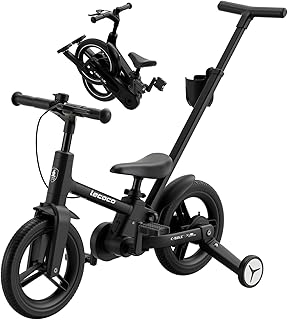 lecoco Upgraded Toddler Bike with Push Handle 6 in 1 for Kids, Balance Bicycle Toys with Training Wheels, Brackes, Cup Holder, Pedal, Kickstand Birthday Gift for Boys and Girls