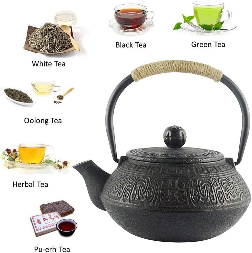 Tetsubin Japonés Tetera de Hierro Fundido, Tetera de Hierro Fundido con Infusor de Acero Inoxidable para Té de Hojas Sueltas, Tetera Revestida con Interior Esmaltado, Patrón Antiguo 600ml/20oz