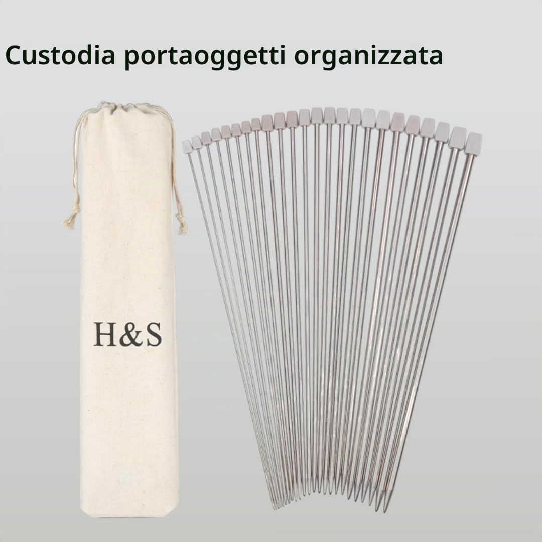 H&S® - Set da 11 paia di ferri da maglia in acciaio inox a punta singola (36 cm) 2,0mm, 2,5mm 3,0mm 3,5mm 4,0mm 4,5mm 5,0mm 5,5mm 6,0mm 7,0mm 8,0mm, con custodia