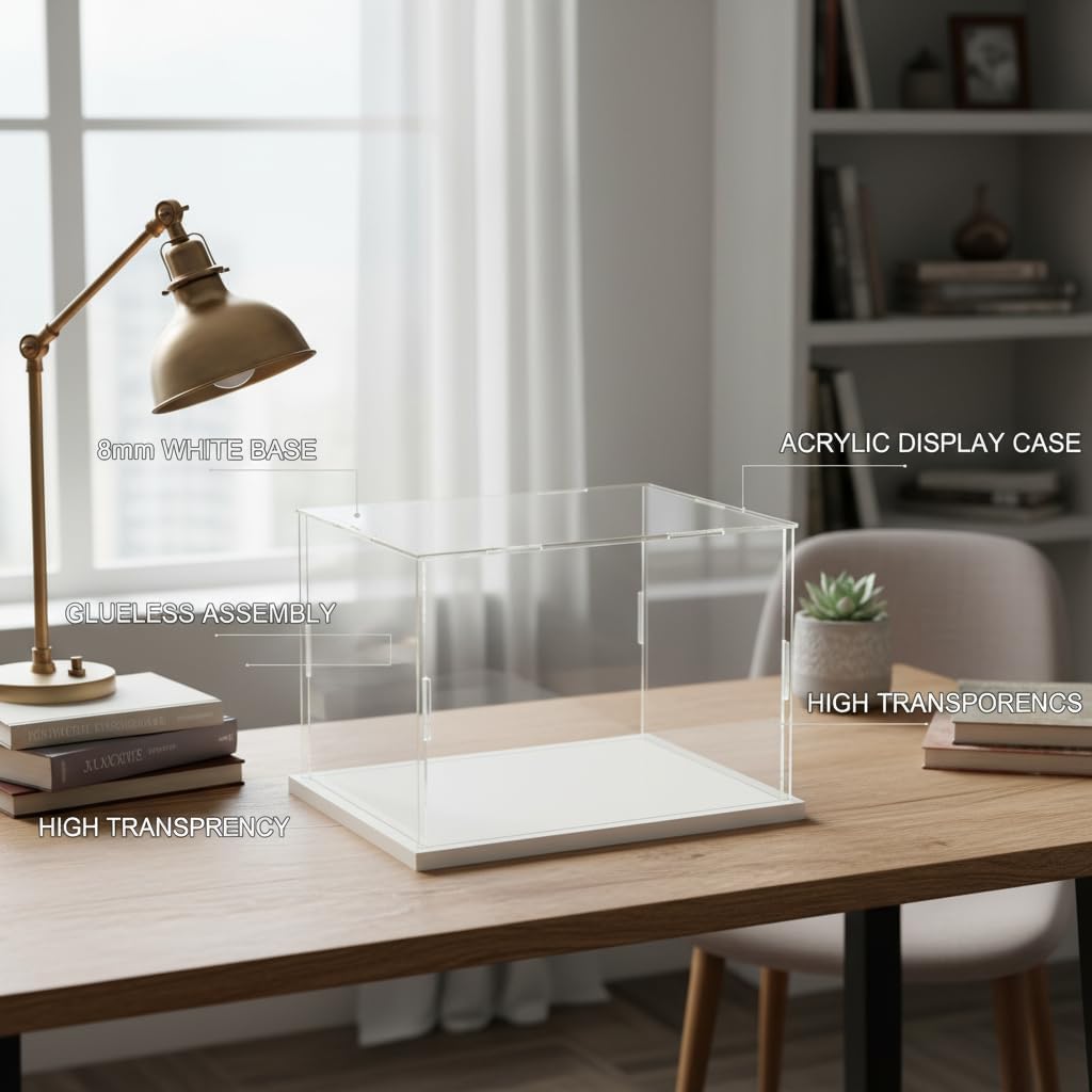 Clear Acrylic Display Case, Assemble Cube Display Box Stand with PVC Material White Base, Dustproof Protection Showcase for Collectibles Memorabilia Figurines (10*6*6inch;25*15*H15cm)