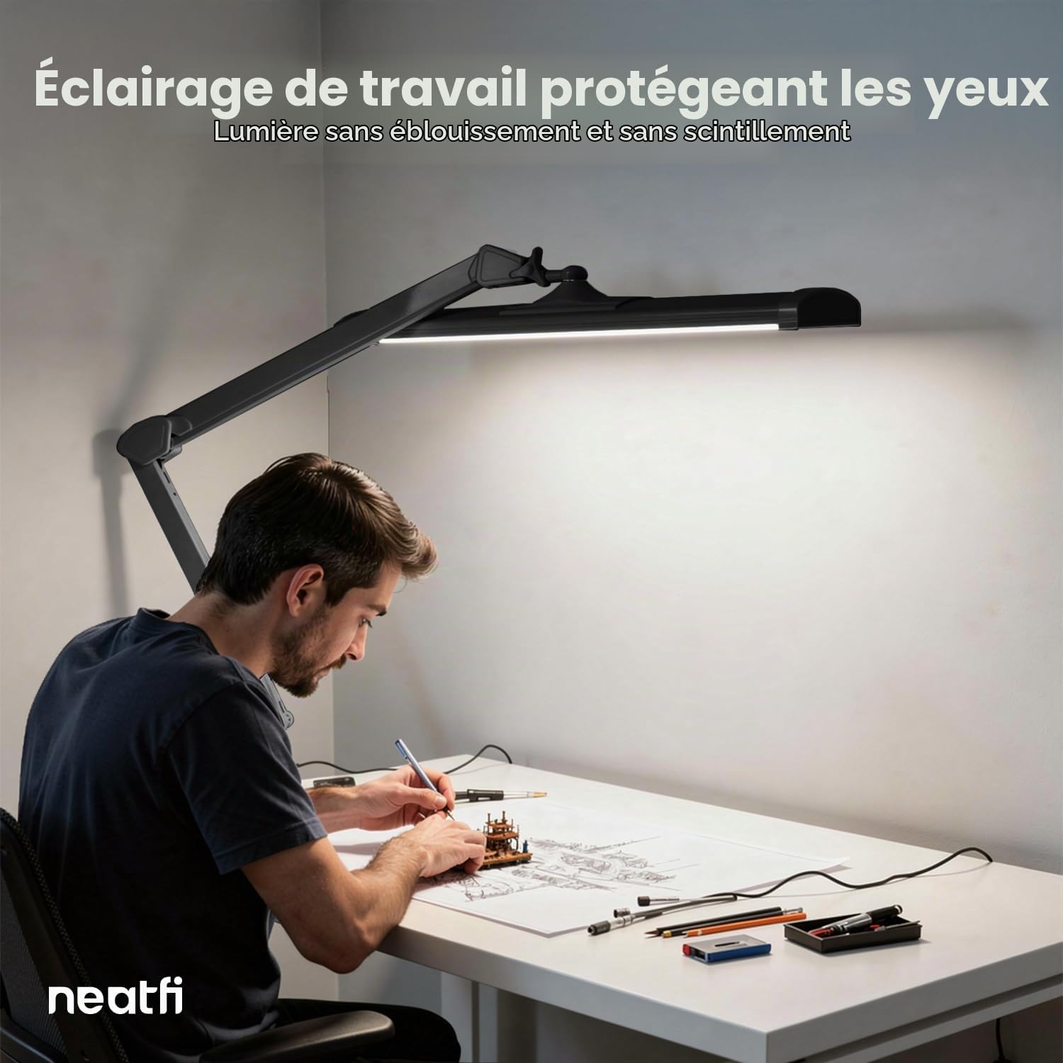 Neatfi Ultra Lampe de bureau – 3 500 lumens, LED 45 W, abat-jour large de 66 cm, 5 niveaux de luminosité, fixation par pince, lumière sans ombre ni scintillement (Noir, Non-CCT avec Pince)