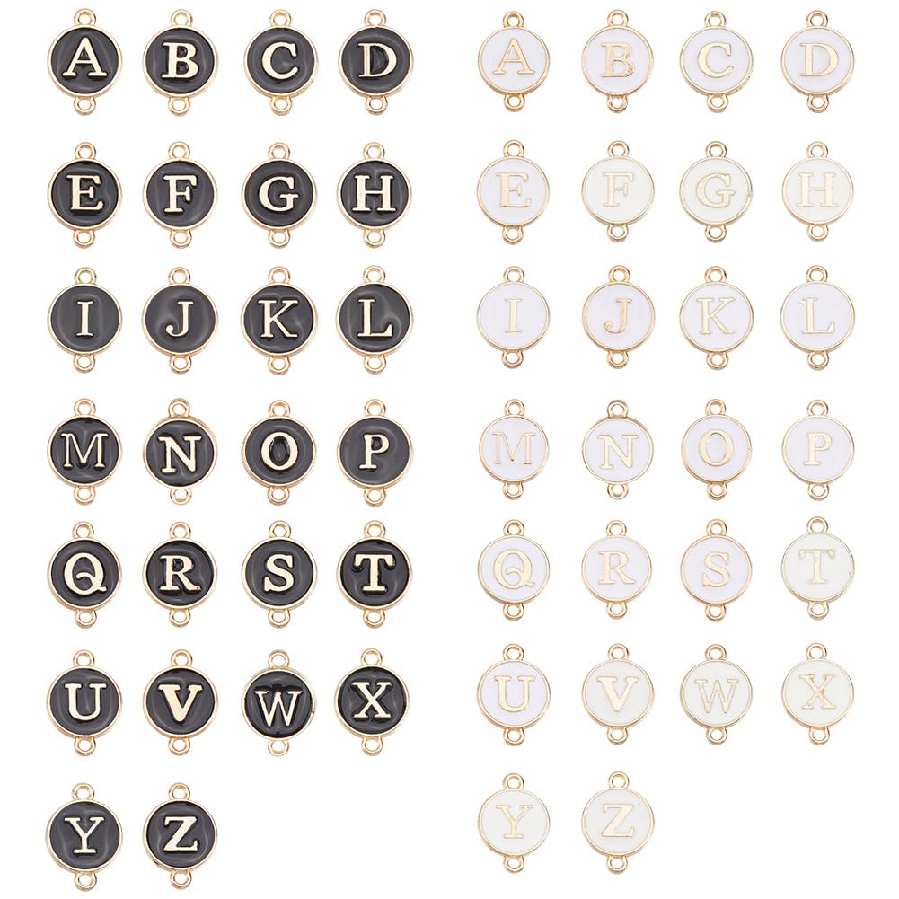 Breloque connecteur alphabet émail SUNNYCLUE 52 pièces lettres A-Z noir blanc double boucle pour bijoux
