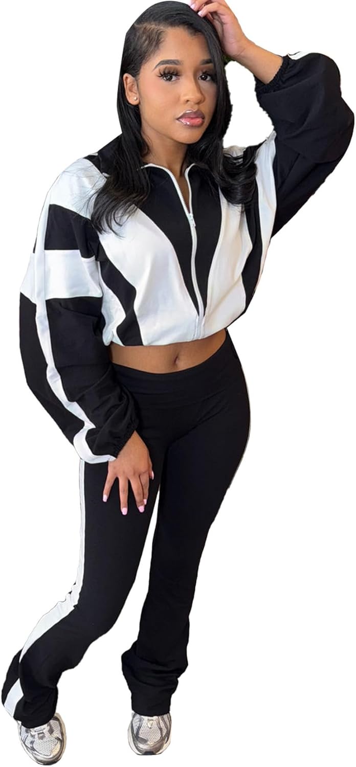 Women's Color Block 2 Piece 80s 90s Outfits Sweatshirt Zip Up Jacket and Bodycon Pants Tracksuit Sets