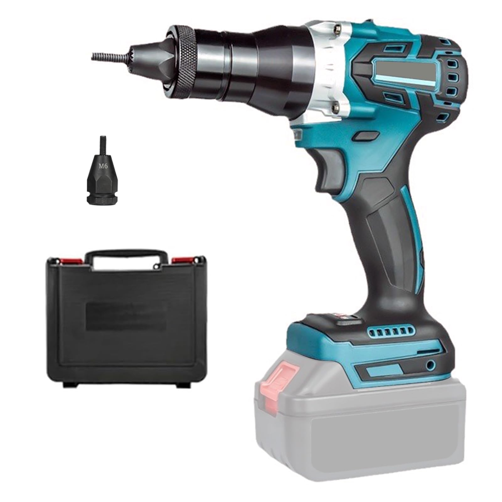 LIROPAU Remachadora de batería compatible con batería Makita de 18 V-26 V, herramienta de remachado eléctrico sin escobillas con dos modos con cabezal de remache M6 (sin batería, sin cargador)