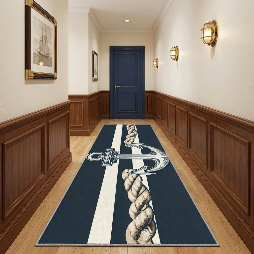 Anchor Runner Rug 2x5 Small - Hallway Runner Rug Ocean Nautical Striped White Navy Blue Pattern, Non Slip, Washable, Anchor Home Decor Carpet for
