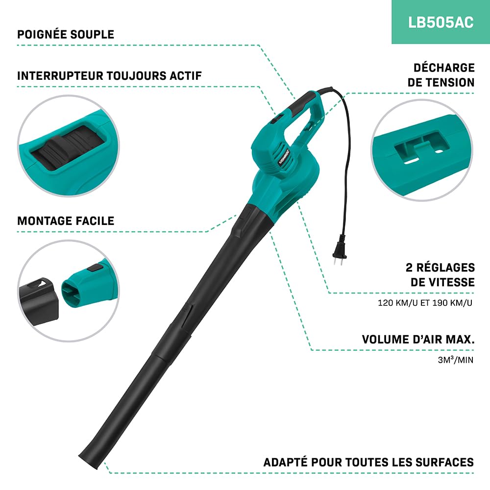 VONROC Souffleur de Feuilles Filaire 650W - 2 Vitesses Réglables 120-190 km/h - Puissant, Compact, Polyvalent - Outillage de Jardin pour Jardinage, Pelouse, Feuilles Mortes, Poussiere, Voitures
