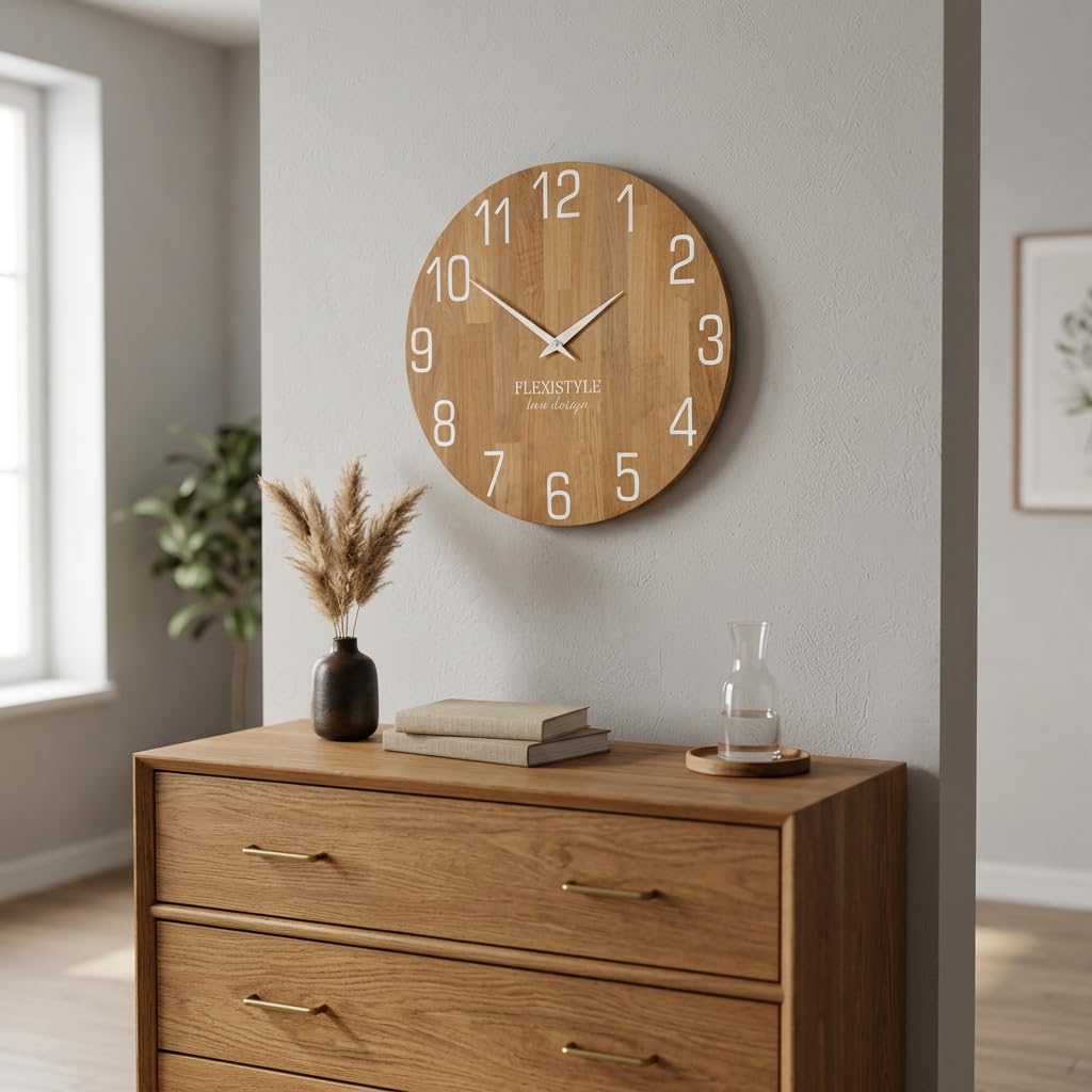 FLEXISTYLE Horloge Murale Naturelle diamètre Aspect Bois 100% chêne, Bois Moderne, Salon, sans Bruit de tic-tac … (50 cm, Blanc)