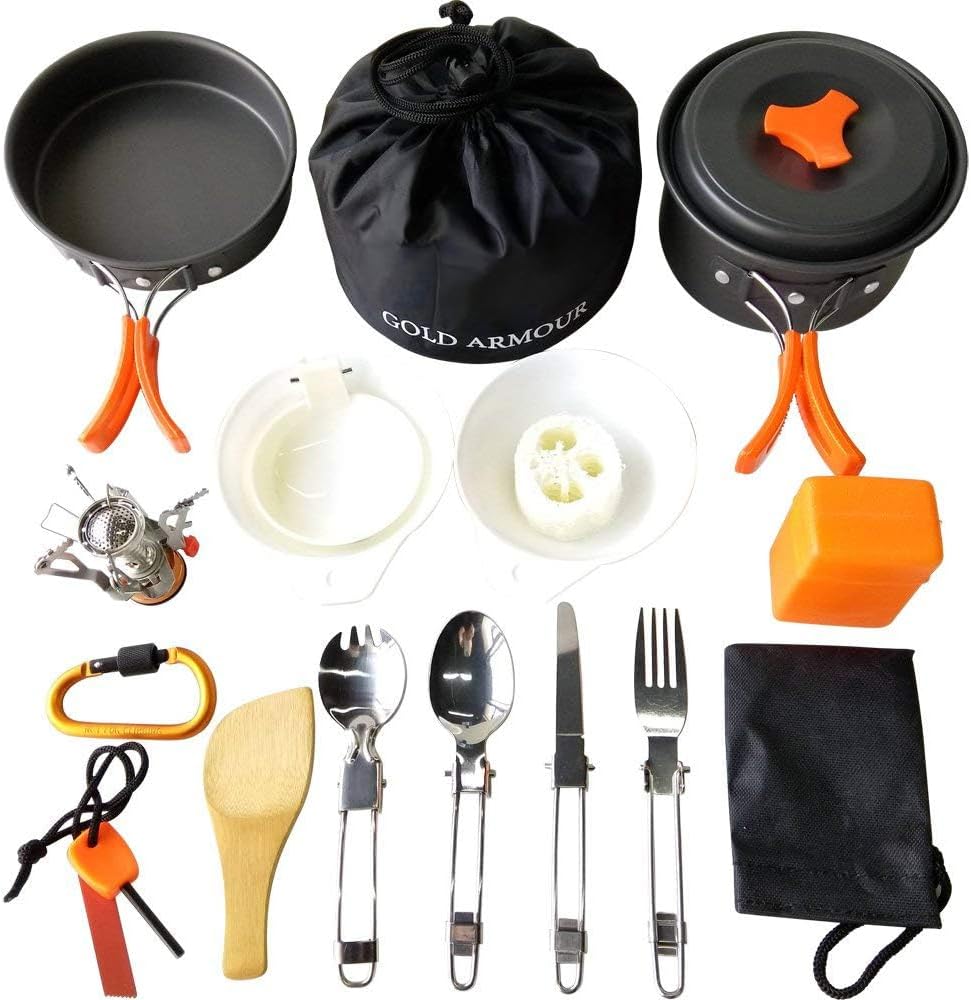 Gold Armour Camping Cookware Mess Kit 17 Pieces Set - Camping Accessories Essentials Kit, Great Camping Gear and Backpacking Gear (Orange)