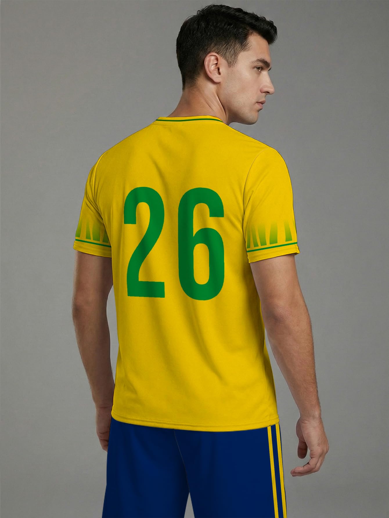 Brazil Style Soccer Jersey Set Men's Yellow & Blue Football Kit, 5-Star Graphic Training Uniform with Shorts Size S-XXL