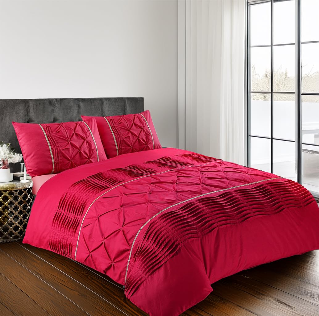 Home Sweet Home UK Super King Duvet Cover Set – Soft PolyCotton Border Pintuck Pattern with Matching Pillowcases, Pintuck Pleated Design, Durable & Machine Washable