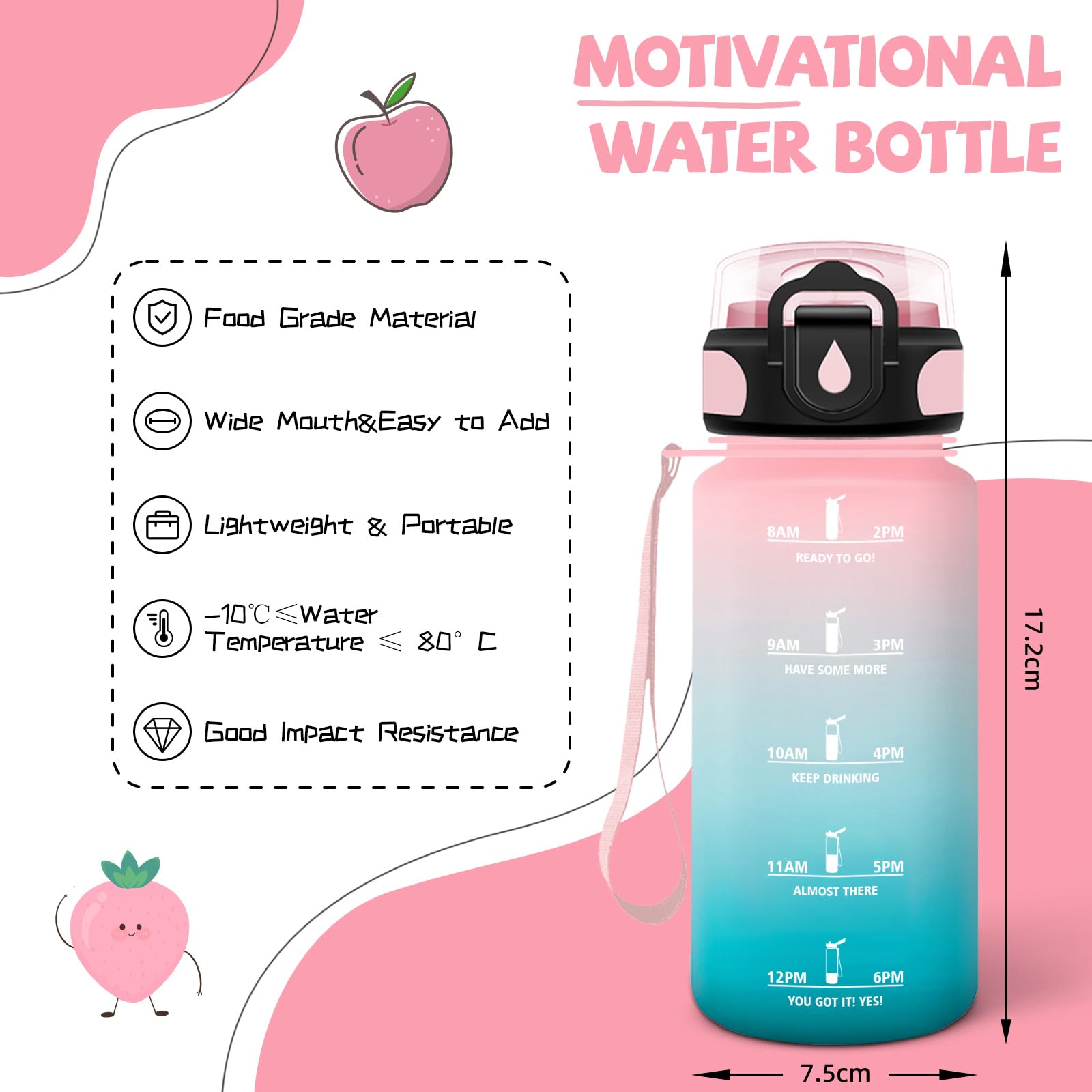 Butelka na wodę, 500 ml, butelka na wodę dla dzieci, butelka z nieszczelną słomką, butelka z czasami picia, łatwa do przenoszenia, butelka do szkoły, butelki do biura, na kemping, podróż,
