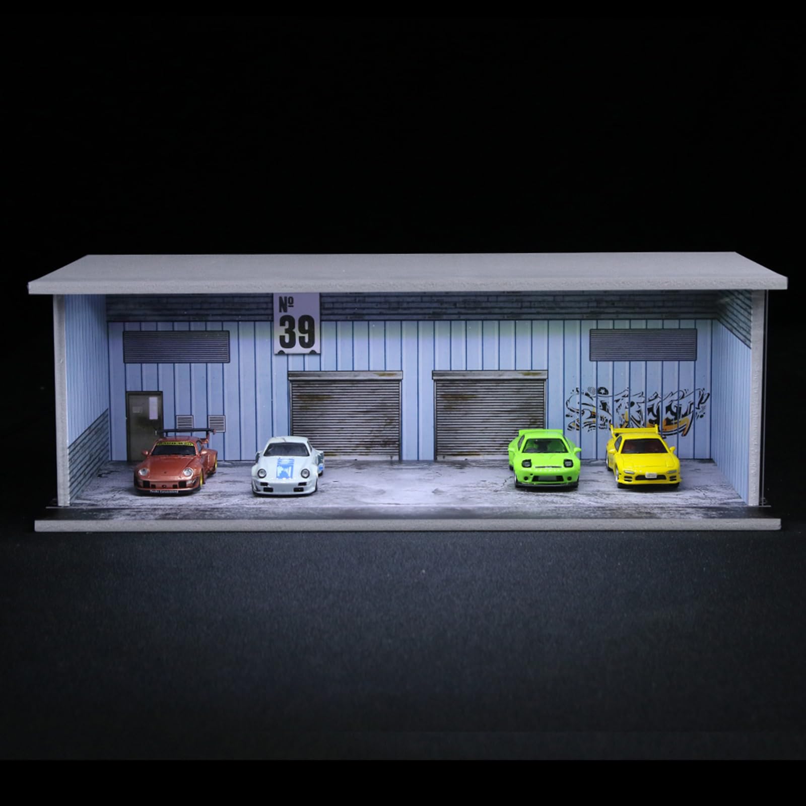 Vitrine modèle de voiture 1:64 avec éclairage LED et protection contre la poussière – PVC Diorama Parkgarage, Warehouse n° 39 Design – Empilable et connectable, rangement pour Hot Wheels, Matchbox