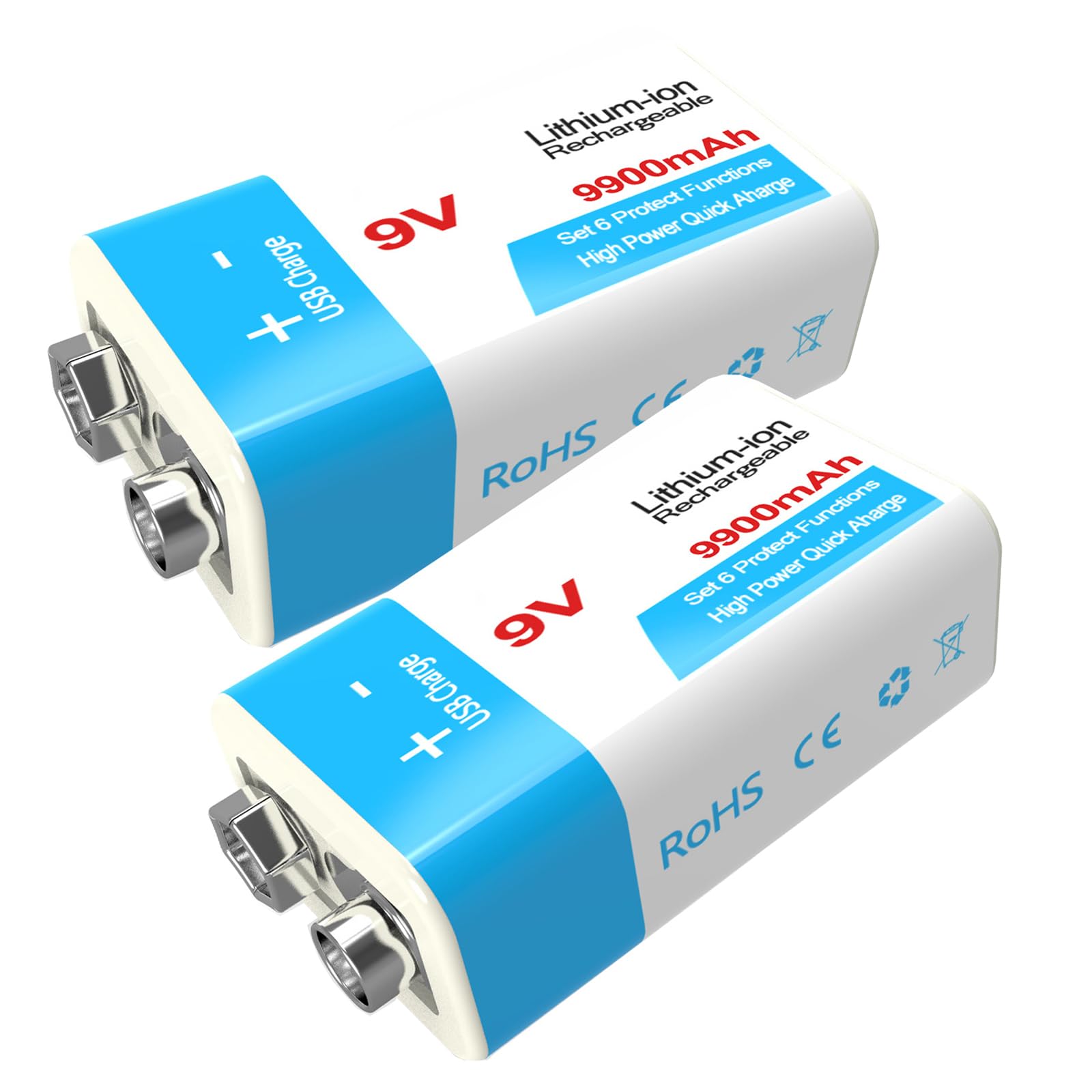 Baterías de Litio Recargables de 9V USB Tipo-c 9 Voltios 9900mAh 12800mAh Baterías de Repuesto 1.5 H Carga Rápida 1000 Ciclos para Dispositivos Eléctricos de 9V,2pcs 9v9900mah