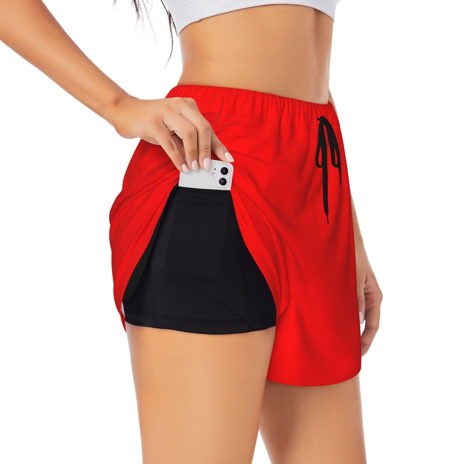 Running Shorts for Women - red Athletic Workout Gym Yoga Shorts with Liner Pockets