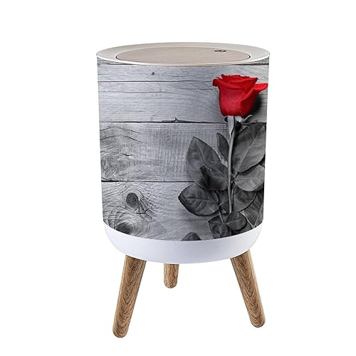 SHL96PZGX Bote de basura pequeño con tapa, rosa roja sobre blanco y negro con patas de madera, papelera redonda para cocina, baño, 1.8 galones, 7