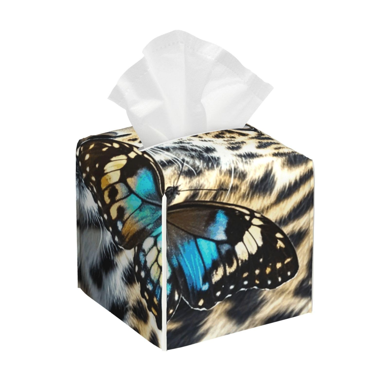 Pu Leather Cube Tissue Box Holders Modern Waterproof Square Tissue Box Cover Leopard and Butterfly Facial Paper Holder for Bathroom Kitchen Nightstand Office Home Decor