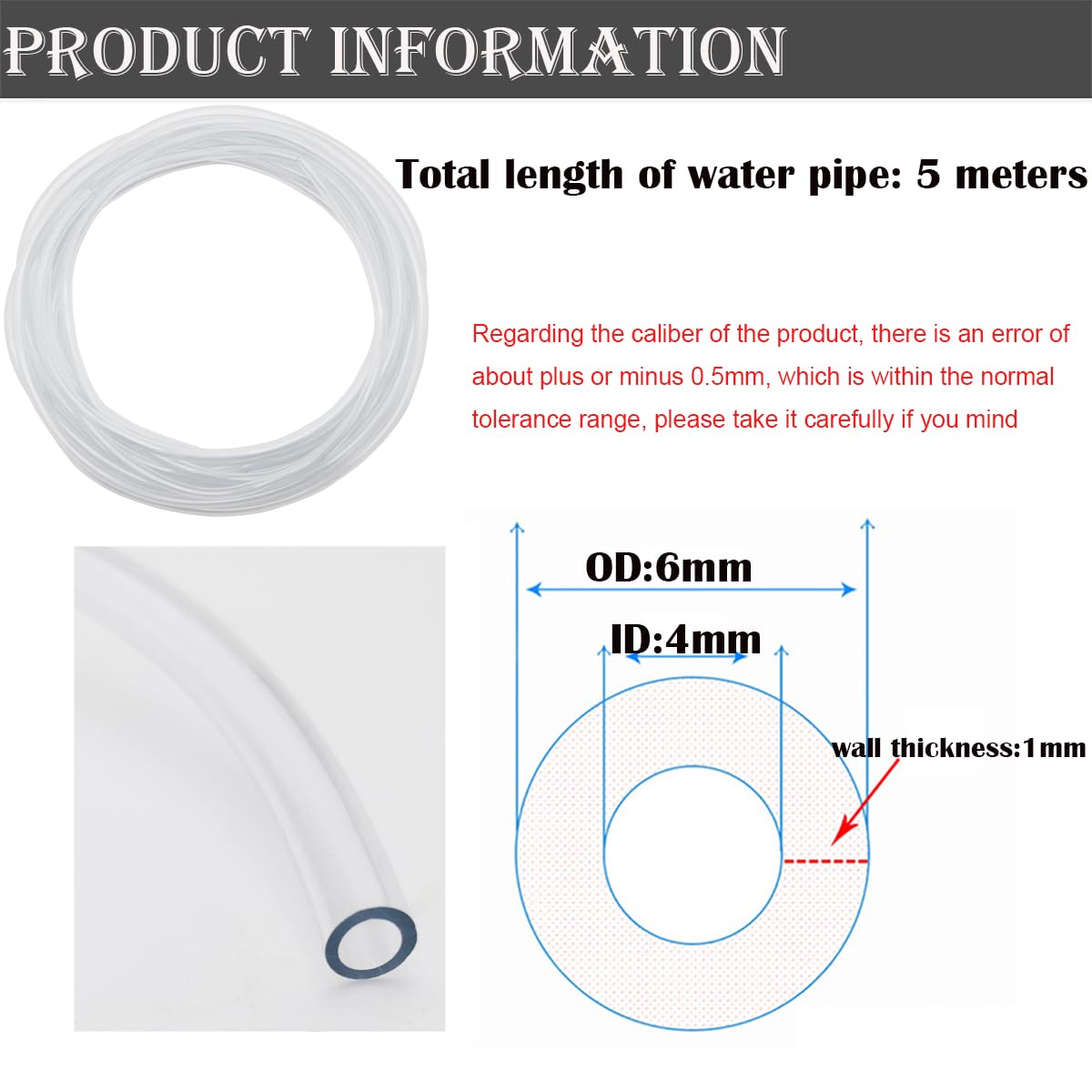 Tubo PVC, CESFONJER Tubo Trasparente, diametro interno 4 mm x diametro esterno 6 mm, 5 Metri Tubo Flessibile con 1 tagliatubi