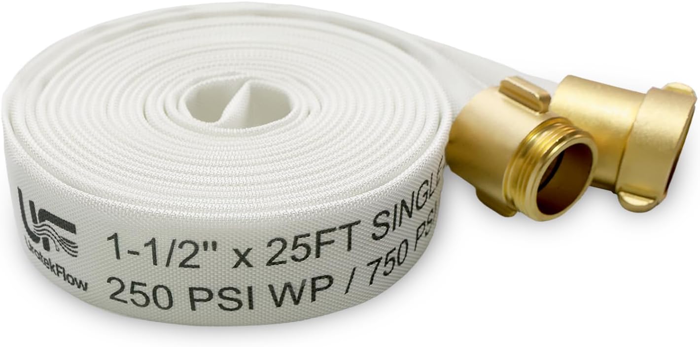 Fire Hose 1-1/2" ID x 50 FT, Single Jacket TPU Lined Firefighter Hose, 250 PSI Working / 750 PSI Burst, M x F NST/NH Brass Couplings, Lightweight & Durable