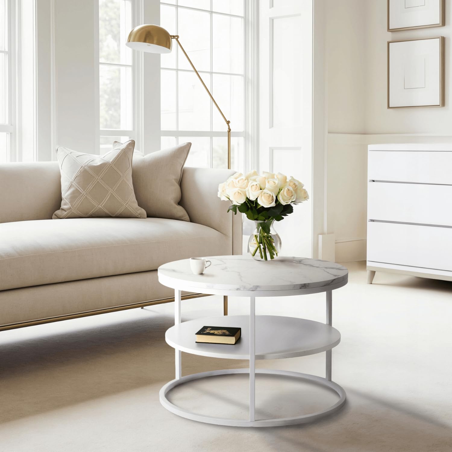 Couchtisch Rund 70 x 49,5 cm – Modern Wohnzimmertisch Marmoroptik/Weiß mit Stauraum – Sofatisch Rund für Wohnzimmer und Büro – Runder Tisch mit pflegeleichter Oberfläche