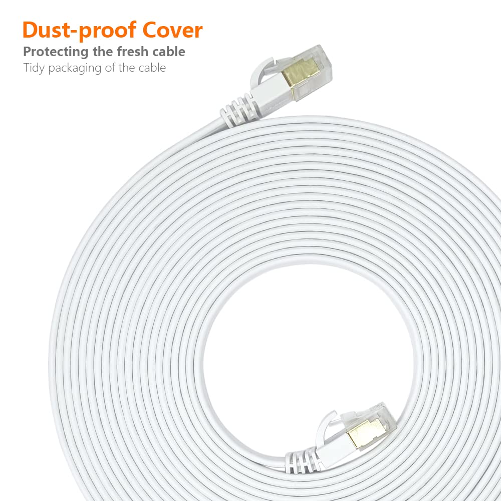 Cable Ethernet Cat7 de 50 pies, blanco, blindado de 10 Gbps y cable plano de Internet para larga distancia, línea LAN Cat 7 ultra delgado con RJ45 chapado en oro para PS5, Xbox, NAS, Cat6A (30 clips)