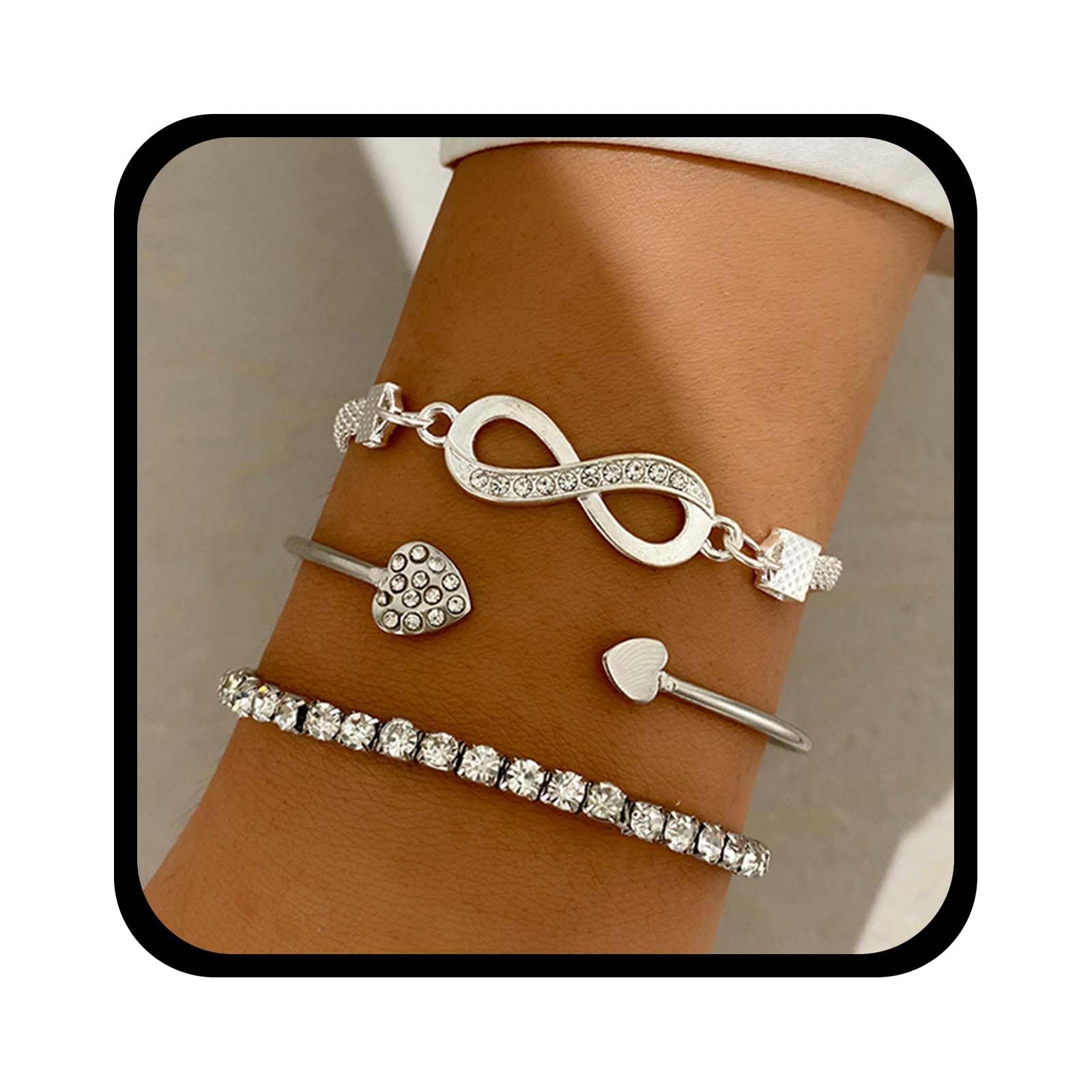 YienateYienDoo 3Pcs Boho Crystal Bangle Bracelets Set Statement Infinity Friendship Bangles Gold/Silver Punk Layered Stacking Heart Rhinestone Bracelets Ethnic Outfit Bracelets Jewelry for Women and Girls