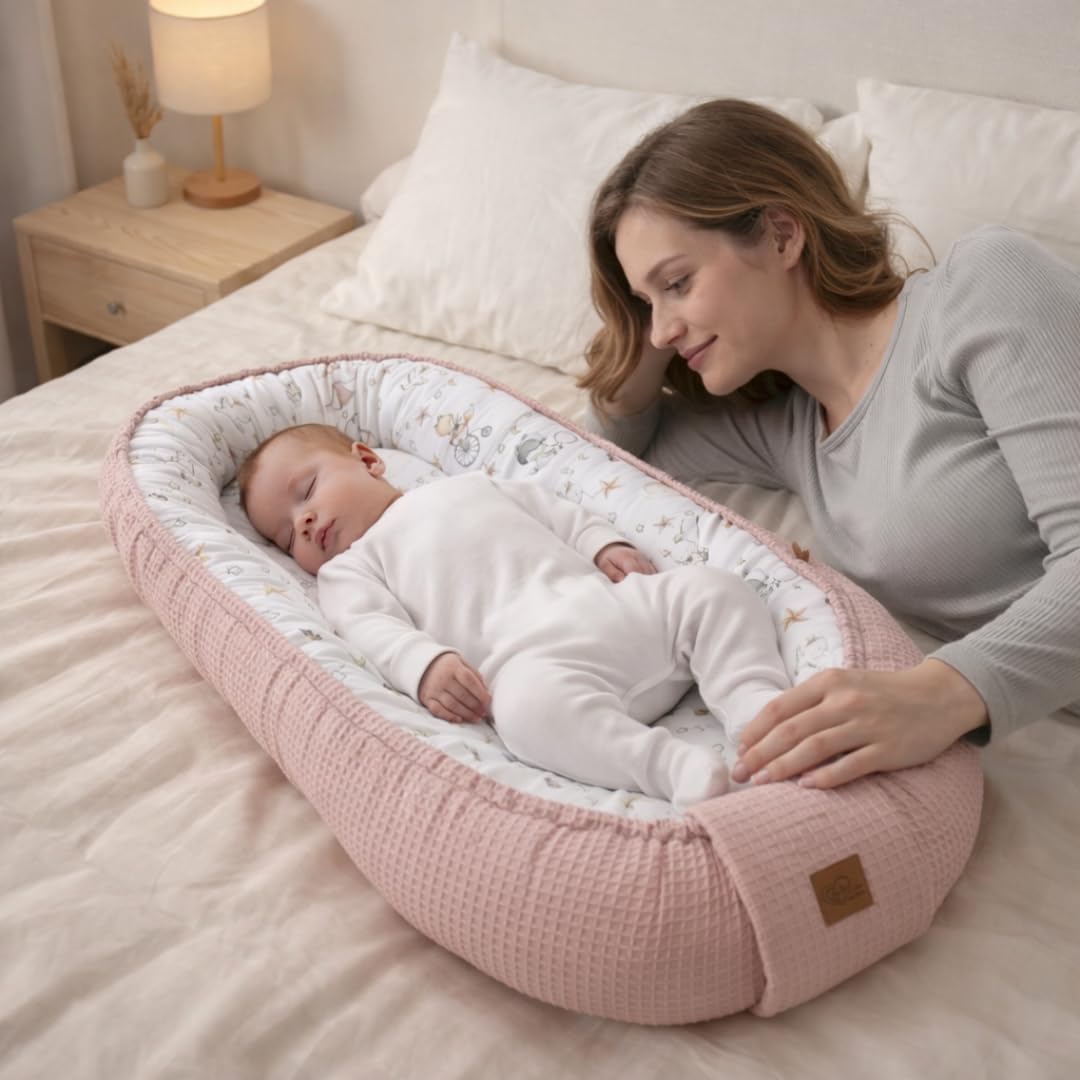 WIKLINOPOL Babynest Nestchen für Neugeborene aus Baumwolle und Waffelbaumwolle – Baby Nestchen 80x46 cm, Tragbares Nest mit Herausnehmbarer Matratze,(Beige)