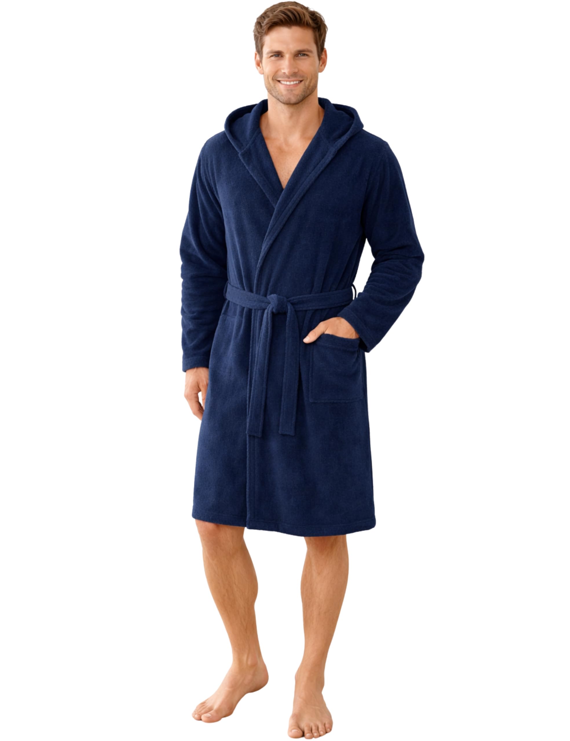Morgenstern Men's Lightweight Terry Towelling Bathrobe Thin 100% Cotton Short with Hood Oeko-Tex Standard L Blue