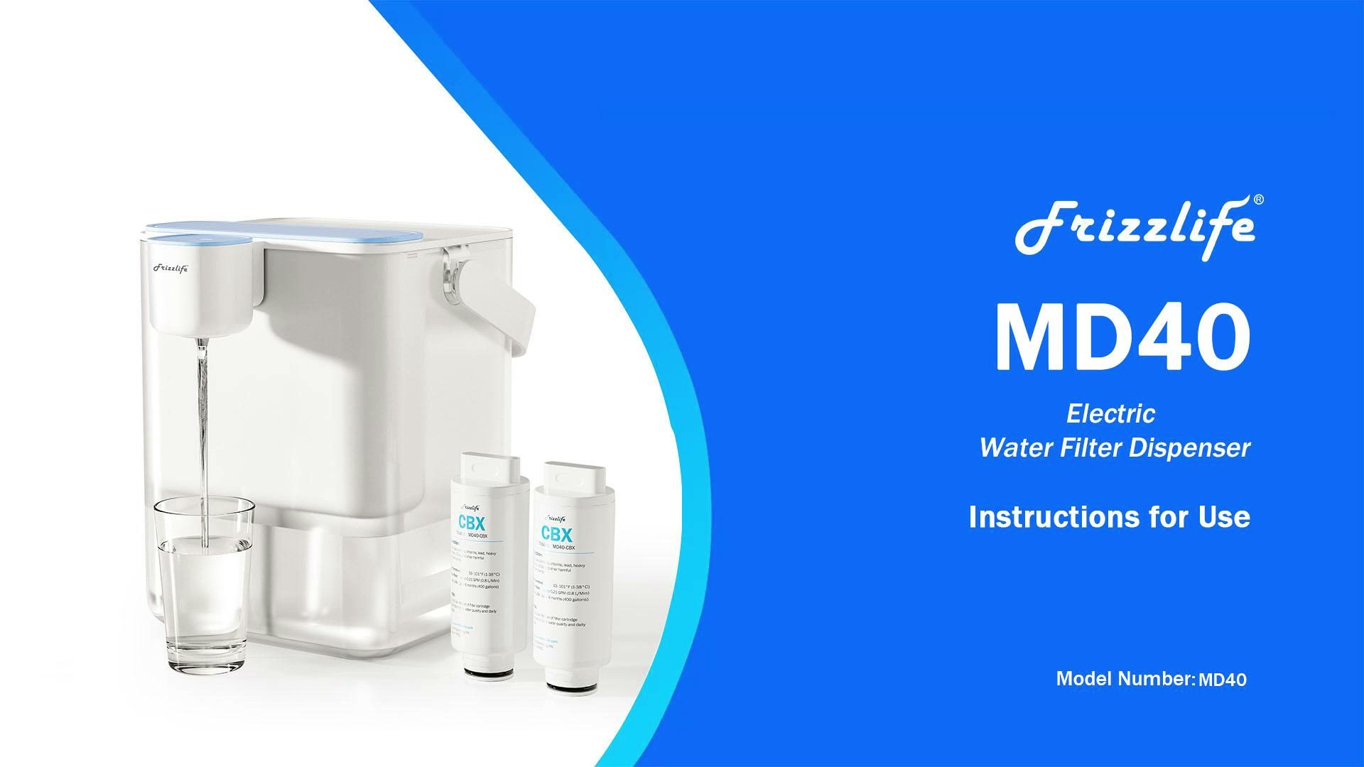 Image of Frizzlife MD40 Electric Water Filter Dispenser with 2 Filters, 400 Gallon, NSF /ANSI 53&42&372, Reduce Lead, PFAS, 6 Months Filter Life Pitcher, Countertop Rechargeable Instant System