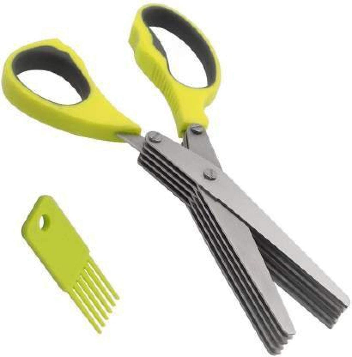 Kitchen Scissors for Home | 5-Blade Herb Cutting Scissors with Stainless Steel Blades & Green Ergonomic Handles | Multipurpose Scissor Set with Cleaning Comb for Vegetable Cutting, Herbs & Spices 1