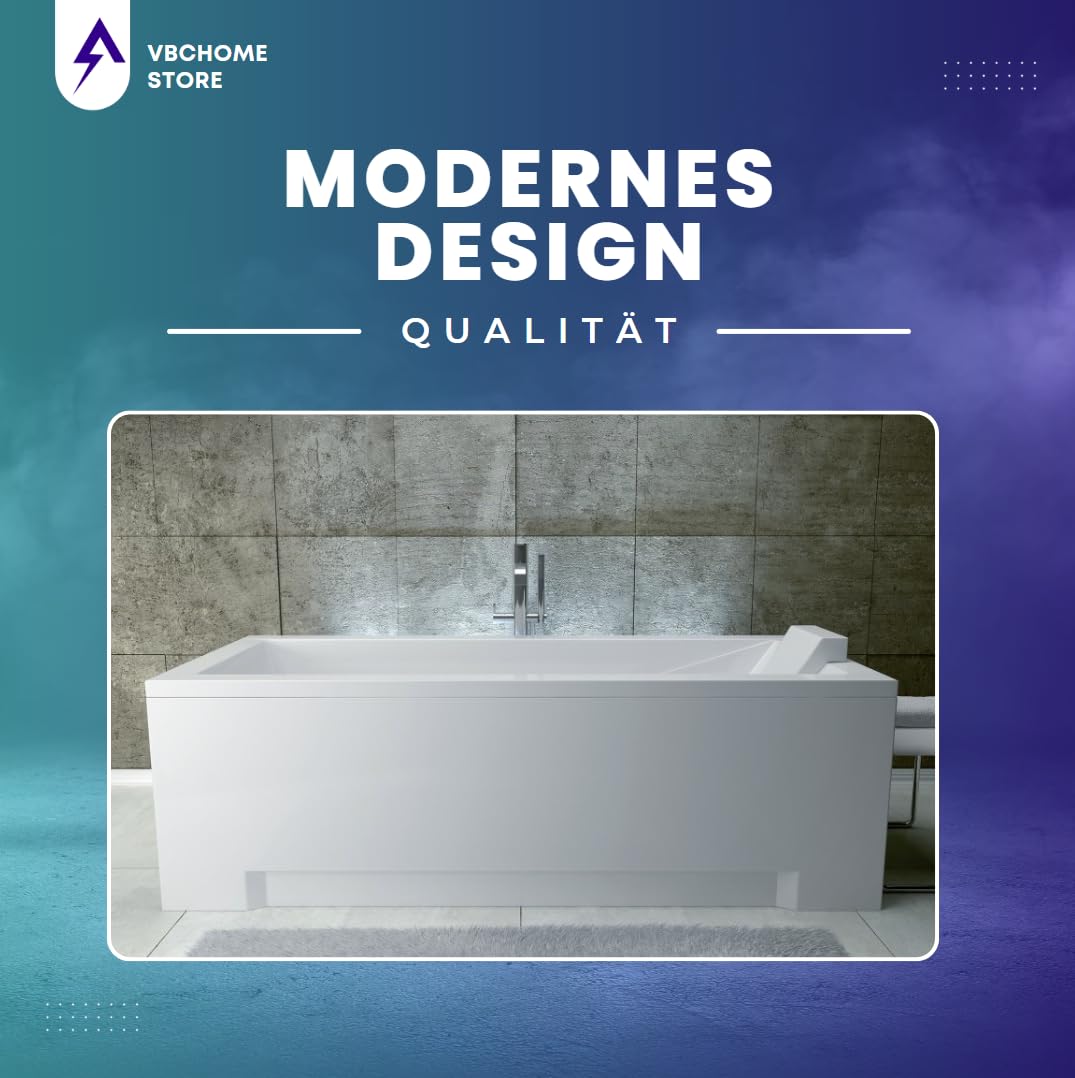 VBChome bañera 130x70 cm acrílico SET delantal sifón bañera acrílica rectángulo diseño blanco pies de baño modernos desagüe cromo simplex