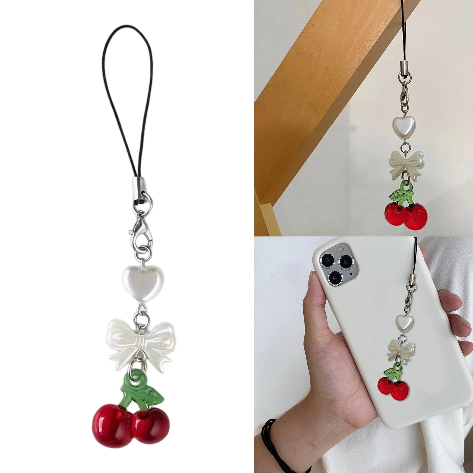 Breloque de téléphone en forme de cerise fabriquée à la main, pendentif fruit, chaîne et sangle pour sac à dos
