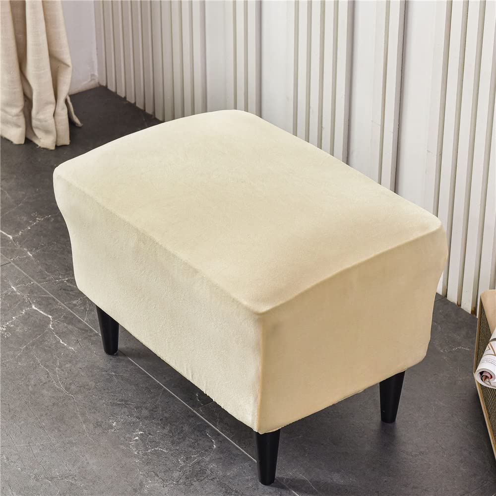 Highdi Housse Ottomane Velours Extensible 45x45x45cm Blanc - Protecteur Pouf Carré Doux