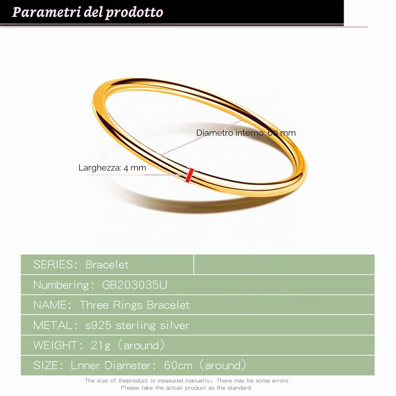 Dankadi Bracciale rigido lucido rotondo largo 4 mm in 925 argento per donna, set bracciale placcato oro liscio semplice classico Φ 60-65-68 mm per regalo di compleanno festa della mamma amica