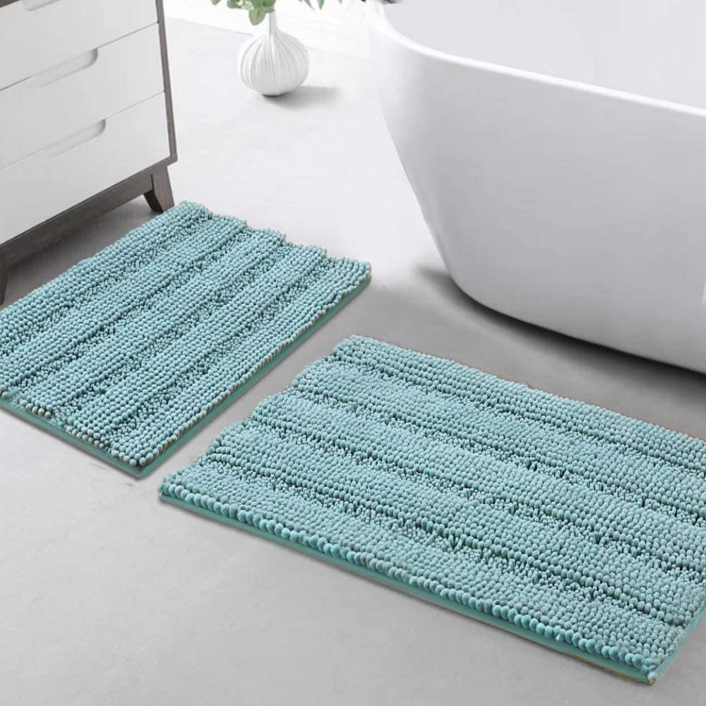 Turquoize Chenille Bathroom Rugs Set - Non-Slip Bath Mats for Bathroom & Kitchen/Entryway (20" x 32" and 17" x 24"), Aqua Haze
