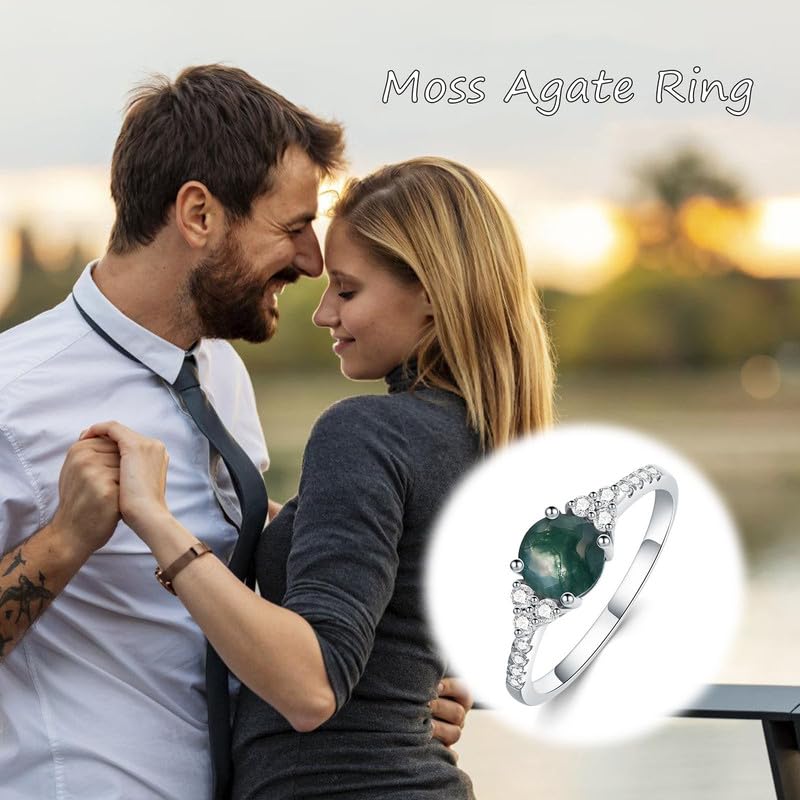 Aihpos Natural Moss Agate Rings for Women - 1.0 Carat Round Cut Moss Agate Engagement Ring 925 Sterling Silver Green Moss Agate Rings3