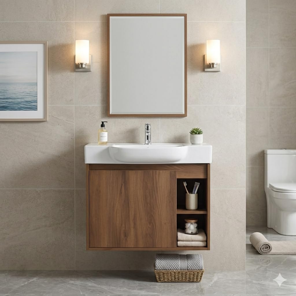 24" Bathroom Vanity with Ceramic Sink, Modern Wall-Mounted Bathroom Vanity with Soft-Close Door &amp; 2 Open Storage Shelves for Home, Farmhouse, Undermount Storage Cabinet, Easy to Clean, Brown