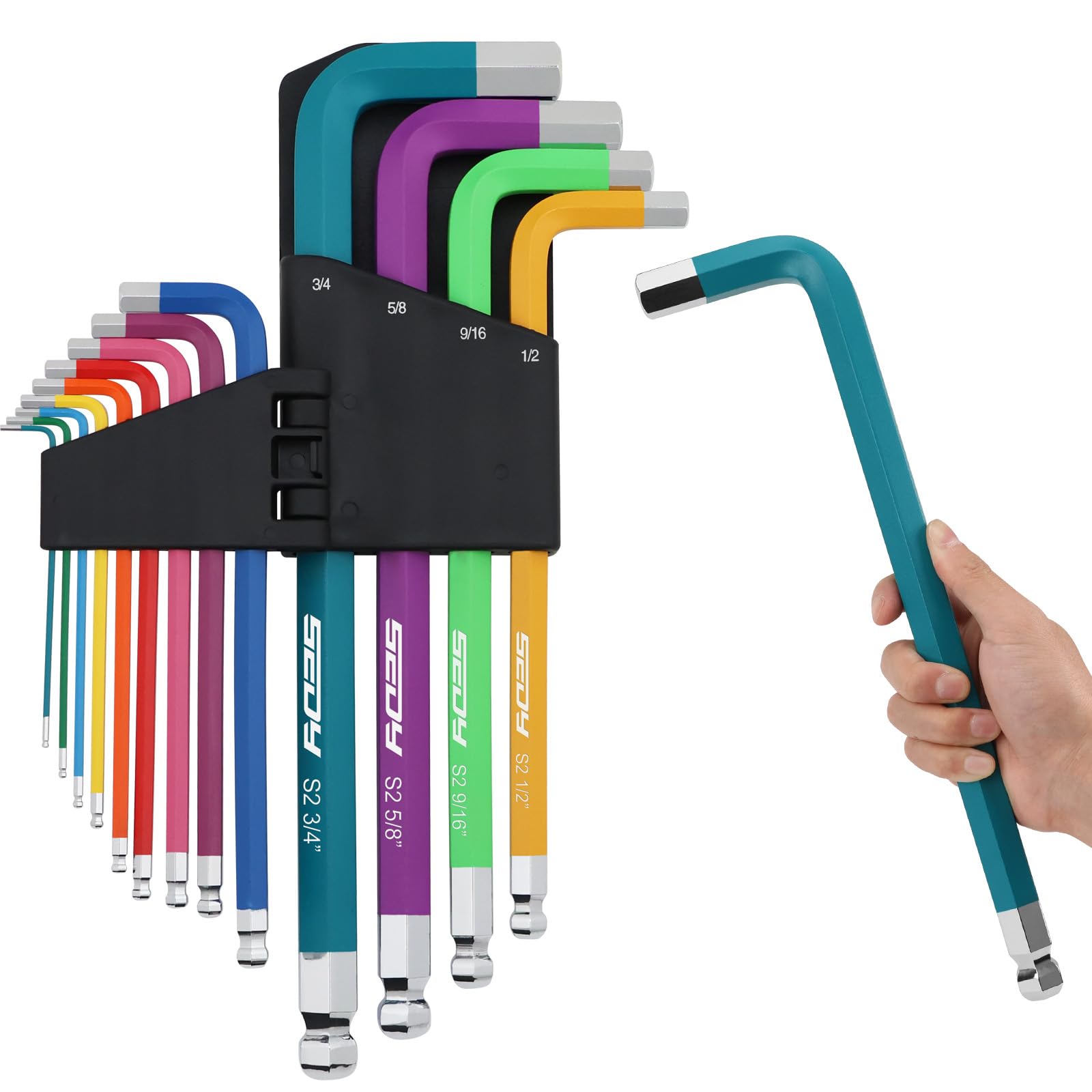 13-Piece Color Coding Jumbo Ball End Long Arm Hex-Key Large Allen Wrench Set, SAE (5/64"-3/4") Anti-Slip Long Ball End Hex Wrench Set, Chrome Vanadium Steel, for Automotive, Bicycle Repairs and DIY